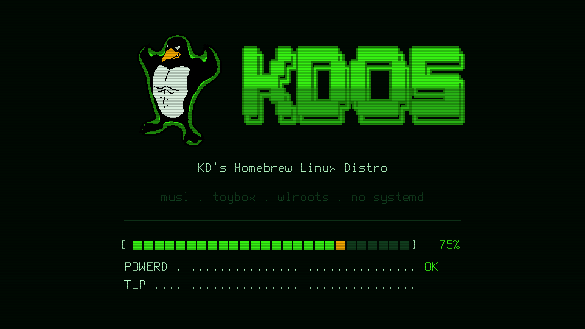 The boot splash during the service scripts, with the progress bar and the current stage