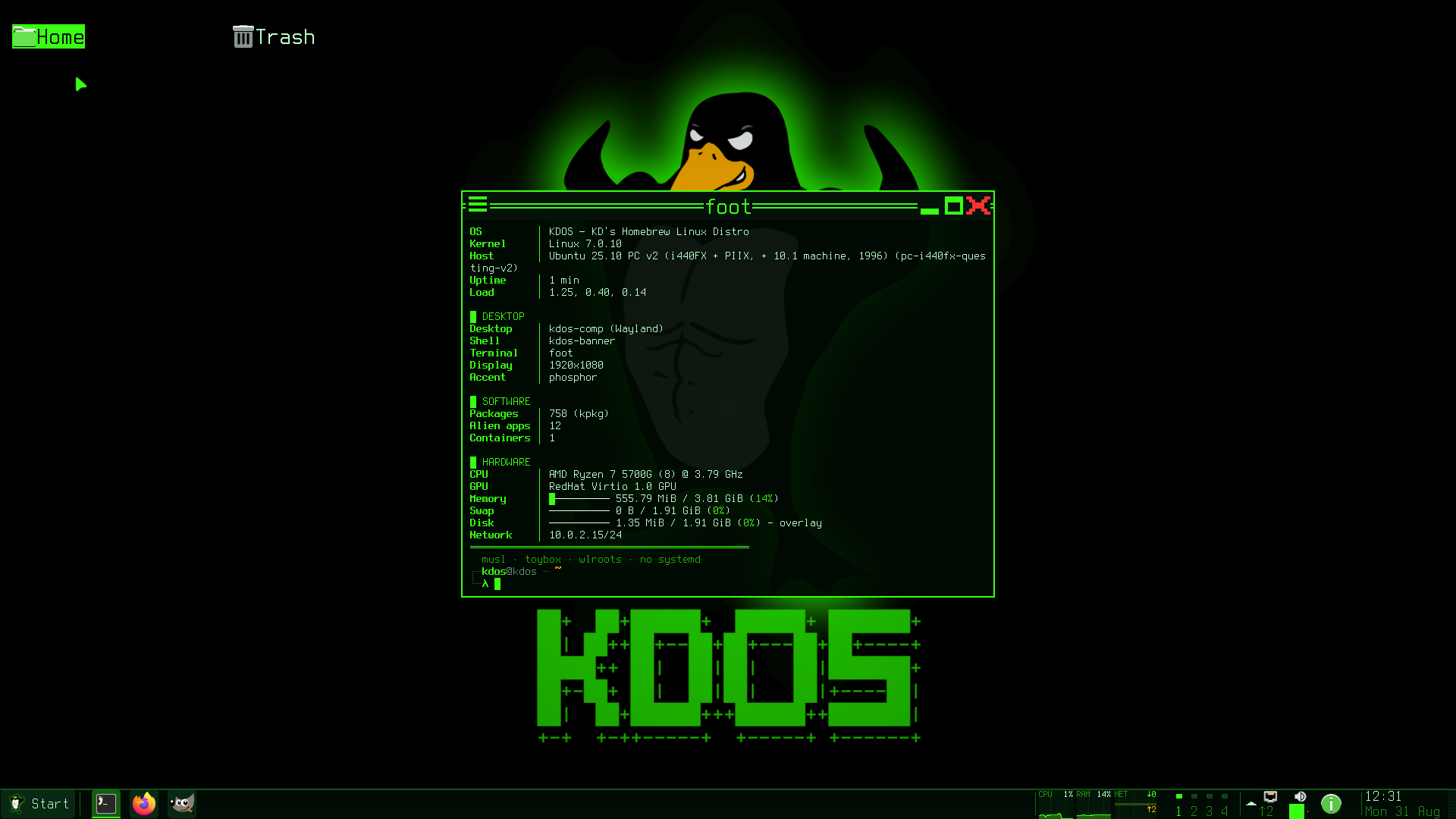 The KDOS desktop: the panel along the bottom with live meters, desktop icons on the wallpaper, and a terminal window
