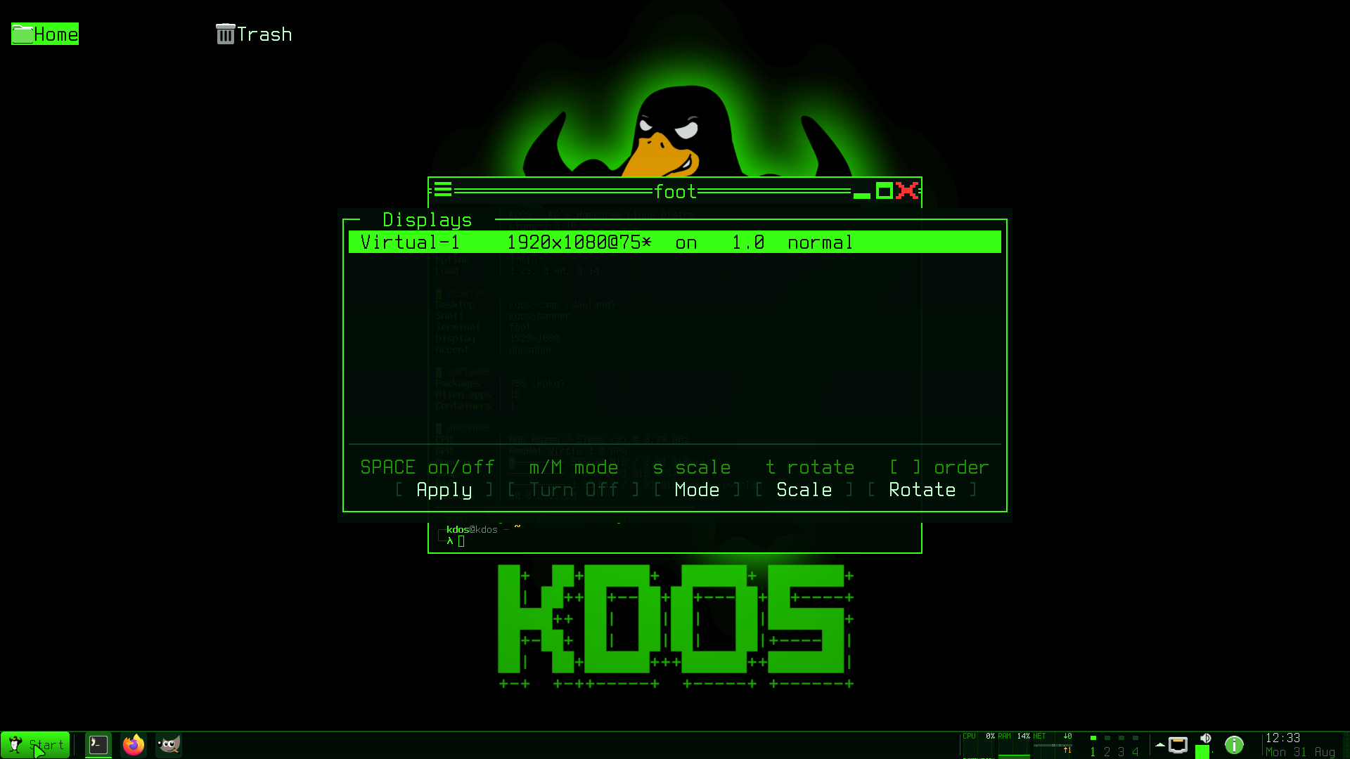 kdos-display: the screens, their modes and scales, with the keys along the bottom