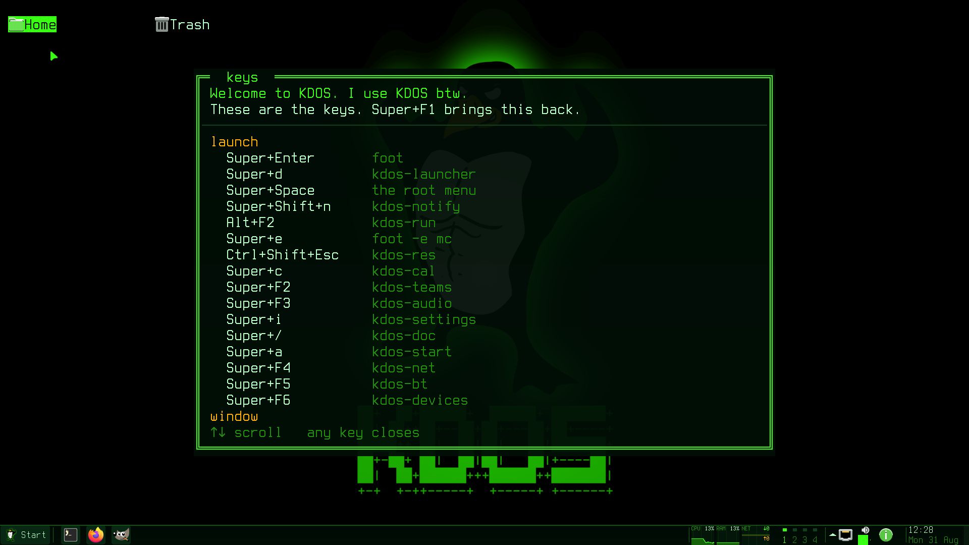 The keybinding card, which opens on first login; Super+F1 brings it back