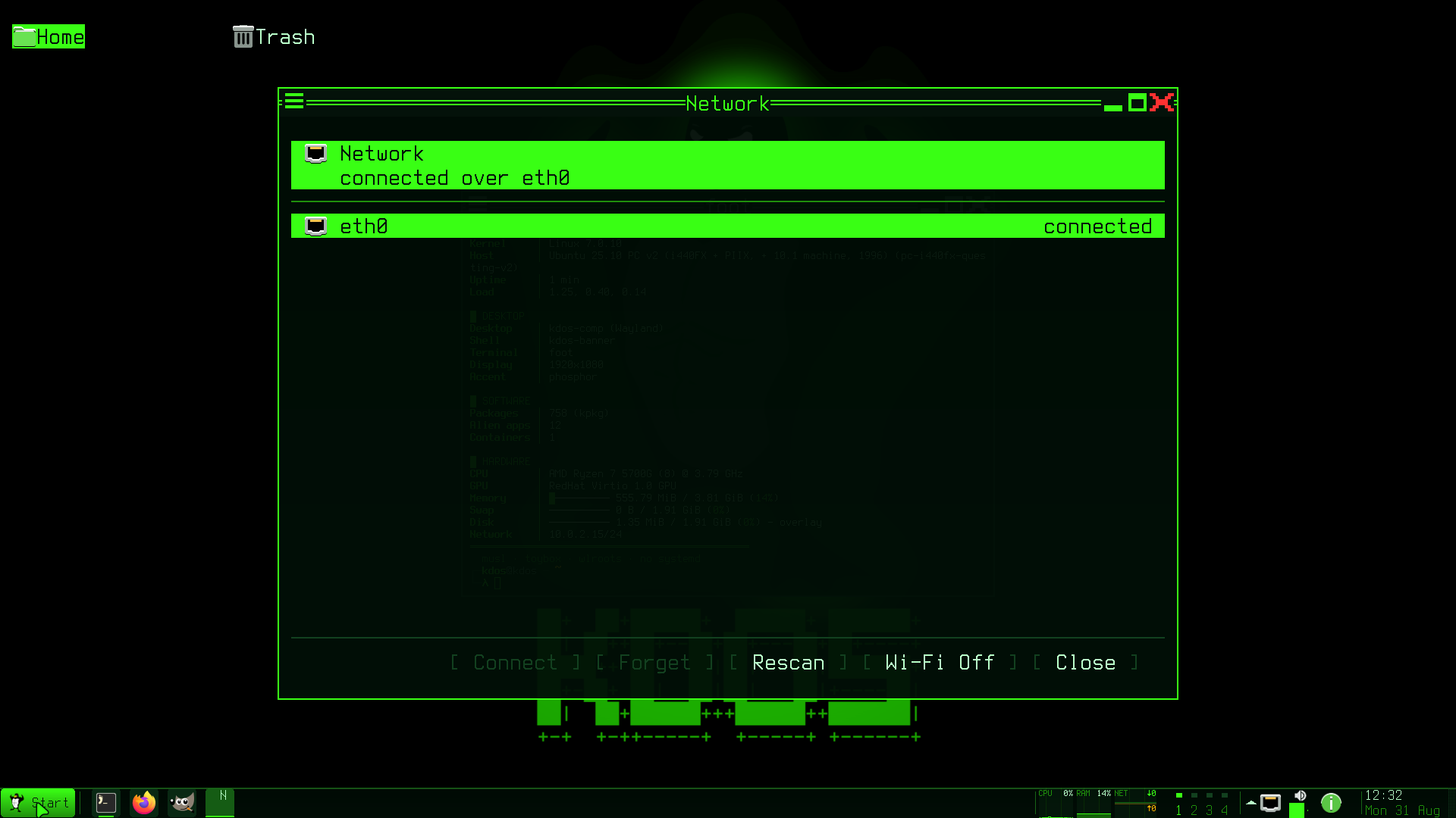 kdos-net: the header band says what the subject is doing now, and the buttons are enabled from the selection