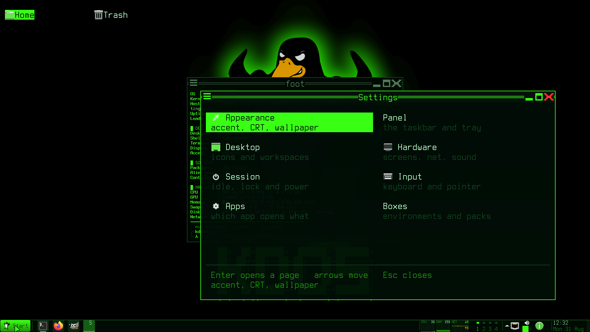 kdos-settings, which opens on a grid of labelled pictures