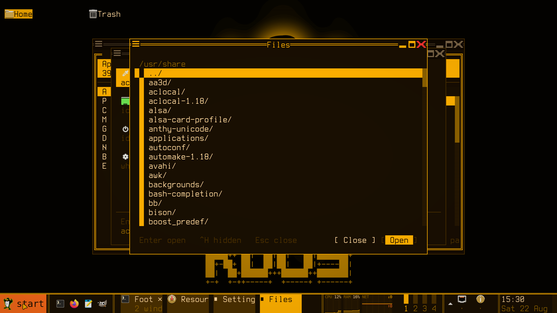 The amber accent across the panel, the desktop and the windows