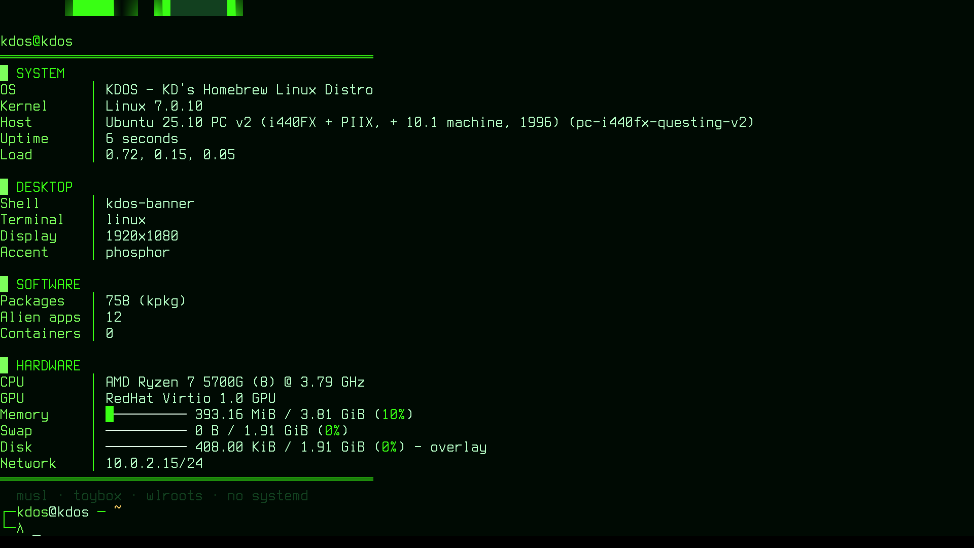 The login banner at the 512-glyph VT font, on the first terminal